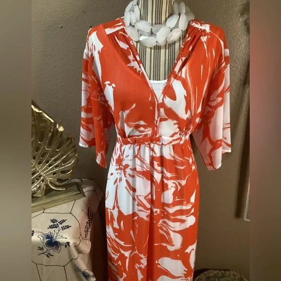 Nina Leonard Orange and White Floral Maxi Dress - Picture 8 of 16